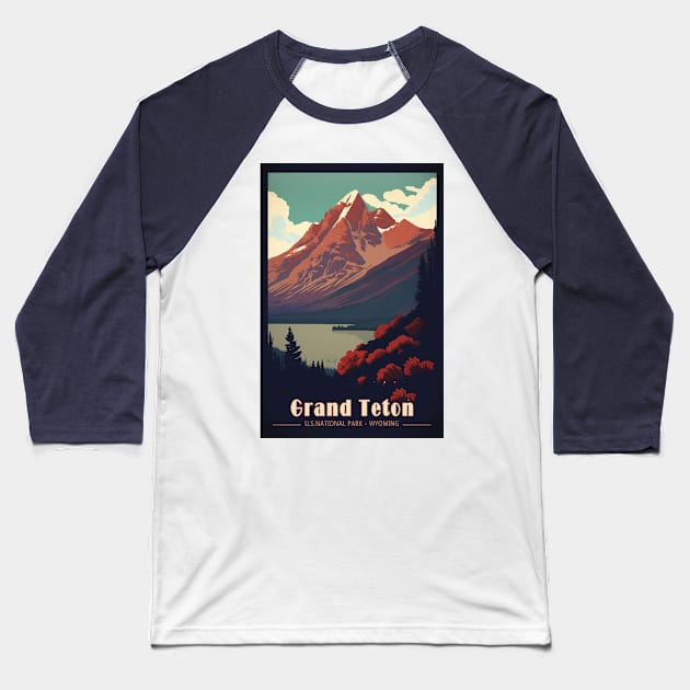 Grand Teton National Park Vintage Travel Poster Baseball T-Shirt by GreenMary Design